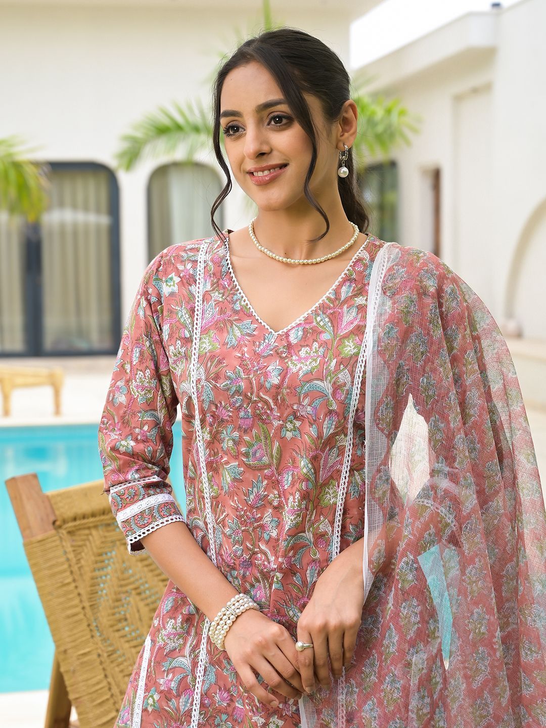 Dhiyona KL Floral Printed V-Neck Pure Cotton Kurta with Trouser And Dupatta