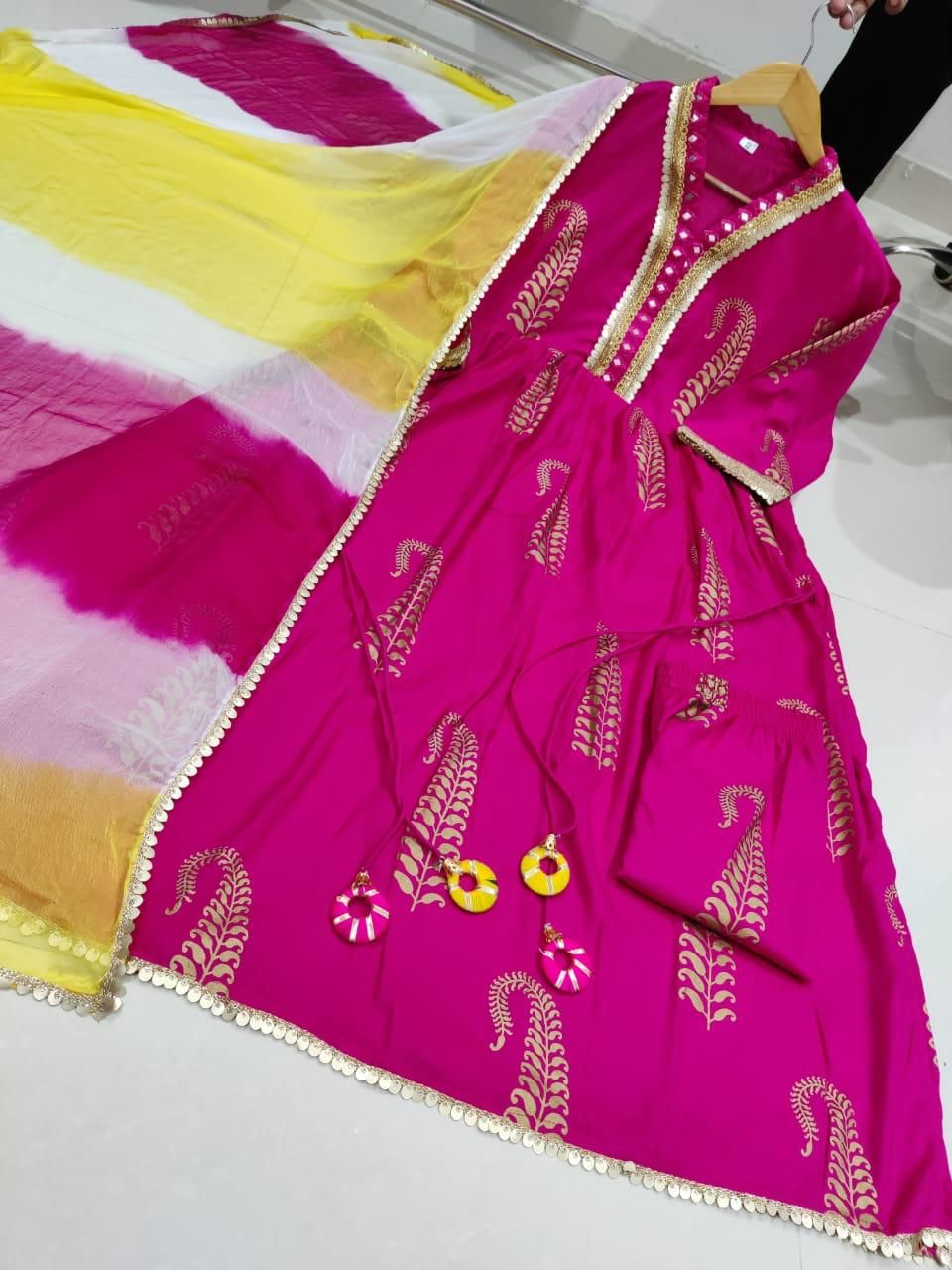 Dhiyona KL Women Floral Printed Angrakha Thread Work Kurta with Palazzos & With Dupatta