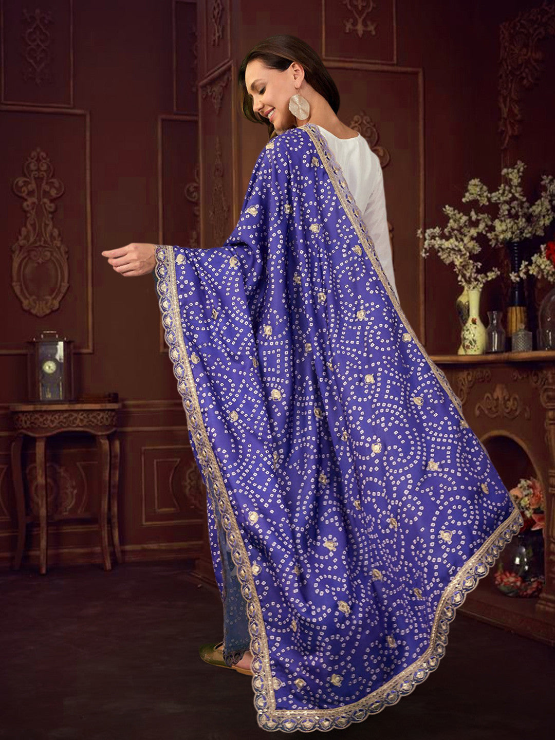 Floral Yoke Design V-Neck Pleated Sequinned Straight Kurta With Trouser & Dupatta