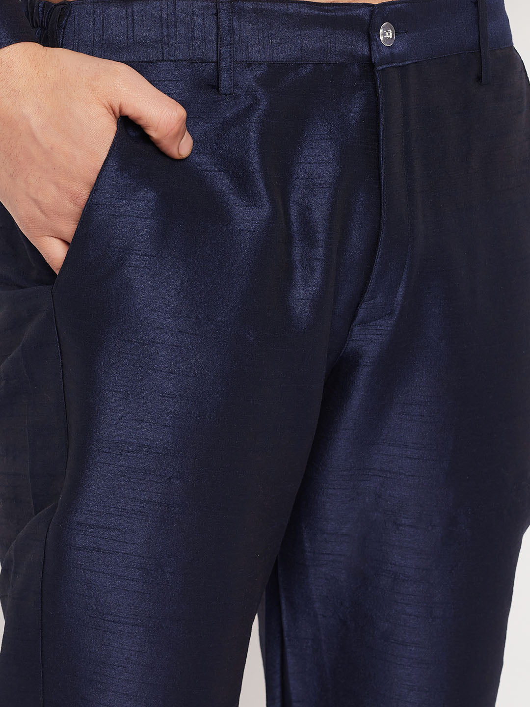 Men's Navy Blue Silk Blend Straight Jacket Kurta and Pyjama Set