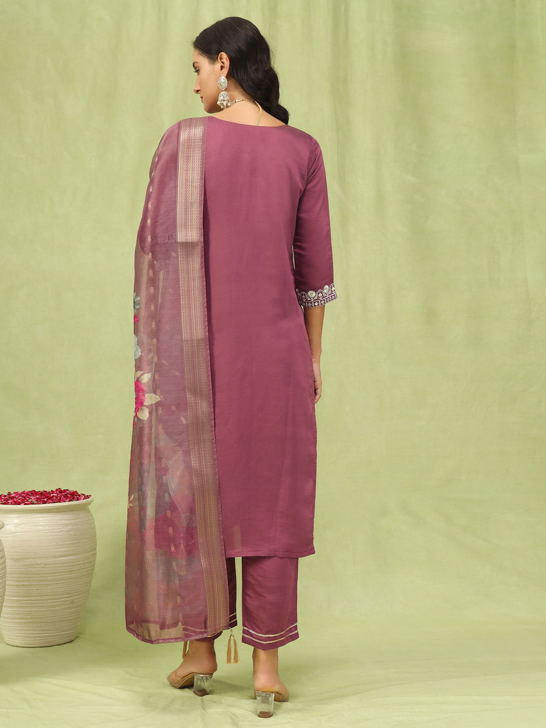 Dhiyona VV Paavani Viscose Roman Silk Embroidery Straight Kurta Pant with Organza Dupatta Set