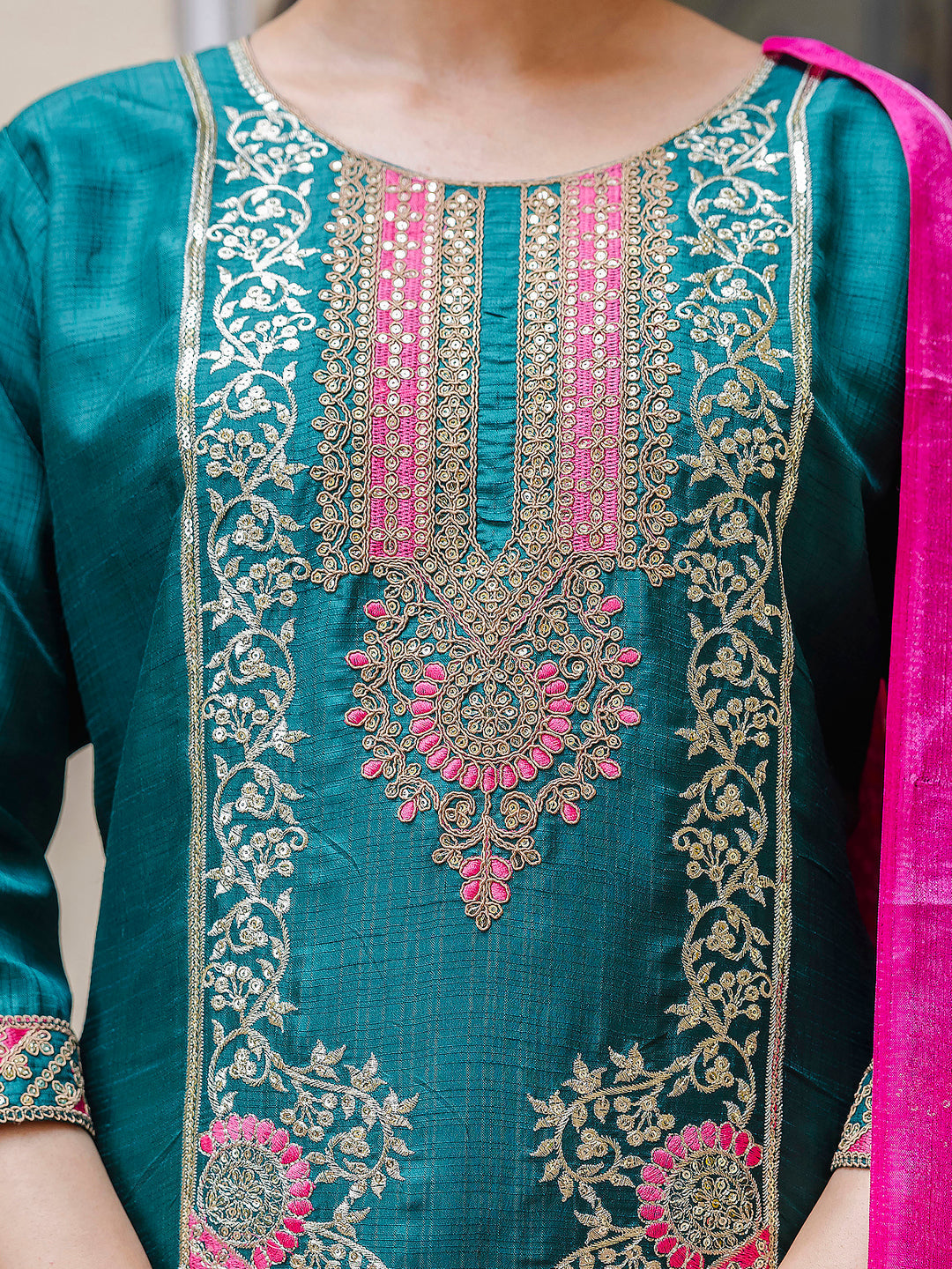 Dhiyona VV Women's Embroidered Silk Blend Calf Length Straight Kurta Trouser with Dupatta Set