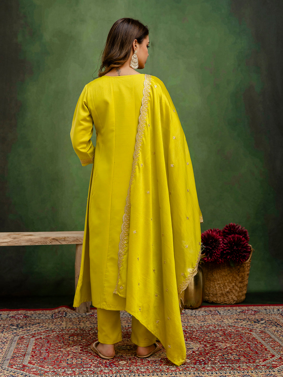 Dhiyona VV Lalita Lemon Stylish Anarkali Kurta Set Ready to Wear Soft Silk Fabric with Embroidered Dupatta Tailored Fit