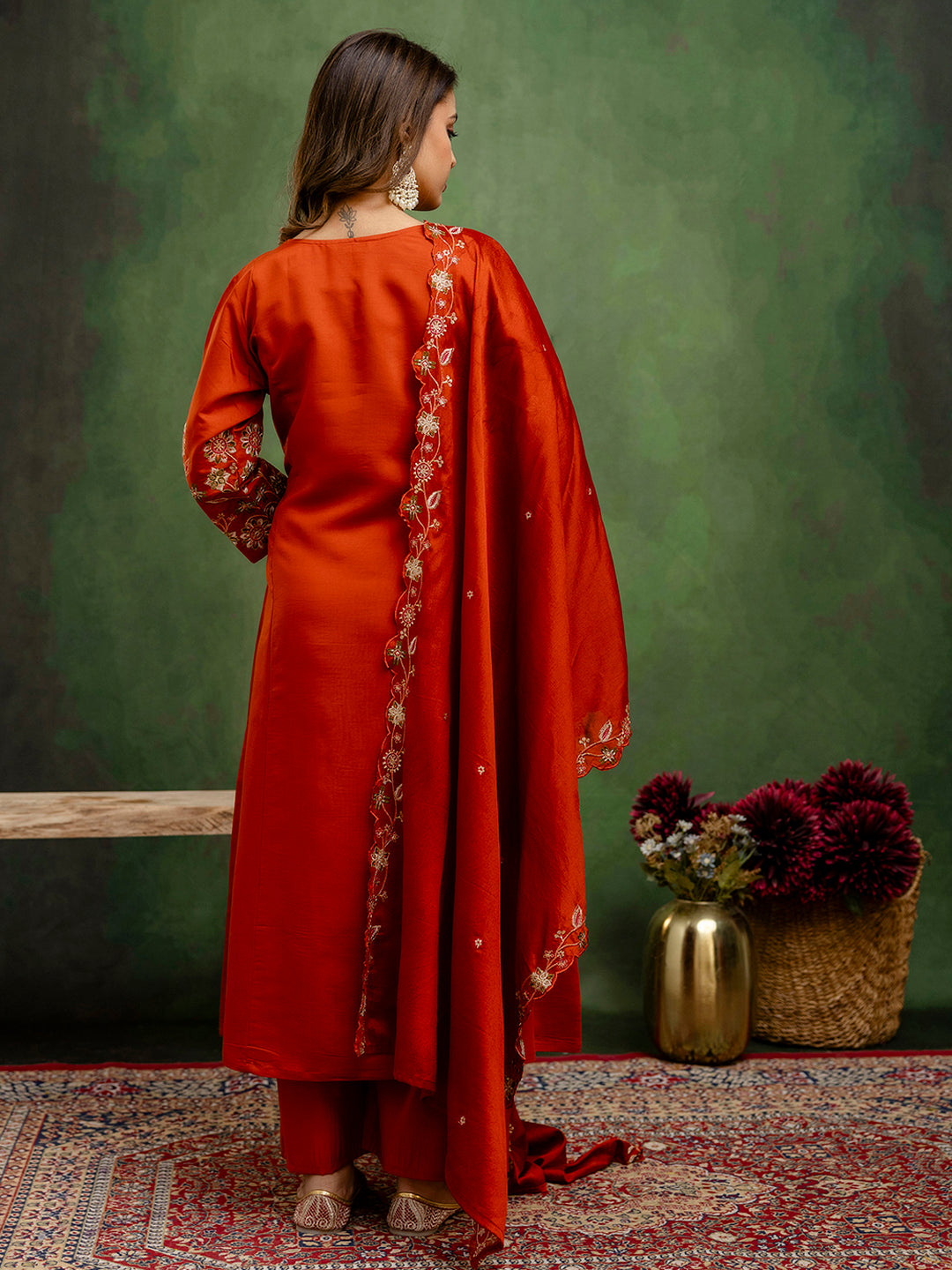 Dhiyona VV Rust Women Anarkali Kurta with Pant & Chinon Dupatta Suits, Festive Ethnic Set