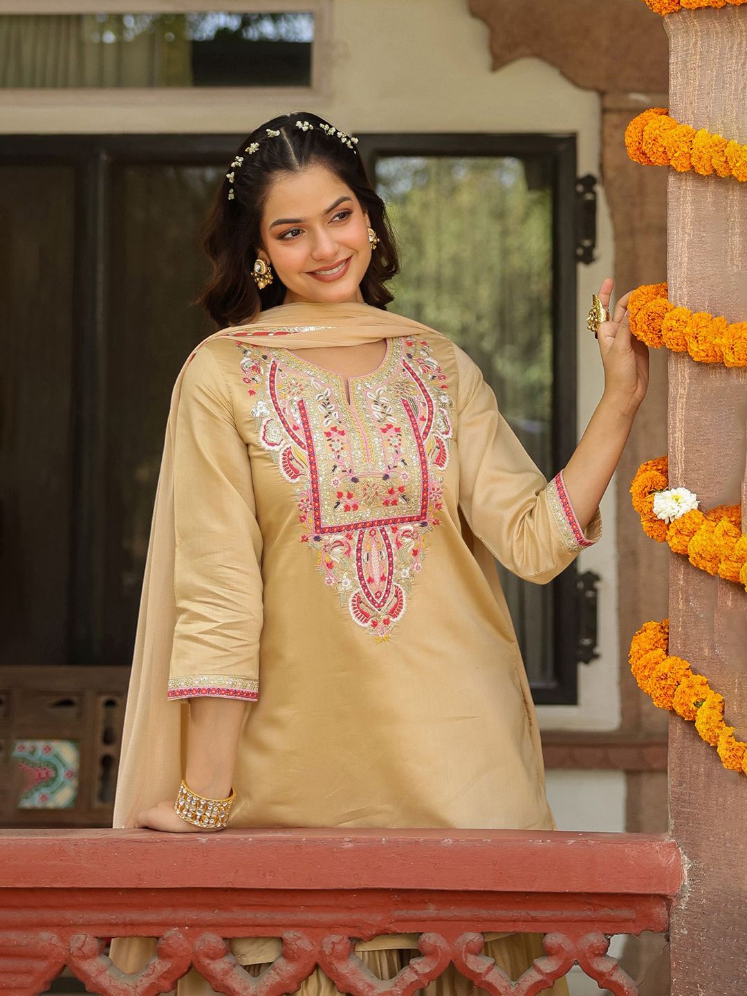 Dhiyona SC Women Beige Chanderi Silk Embroidered Sharara Set