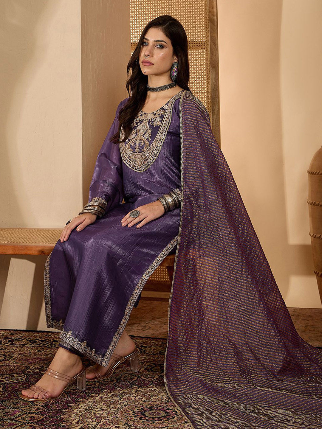 Women Zari Sequence Embroidered Kurta With Trouser & Dupatta