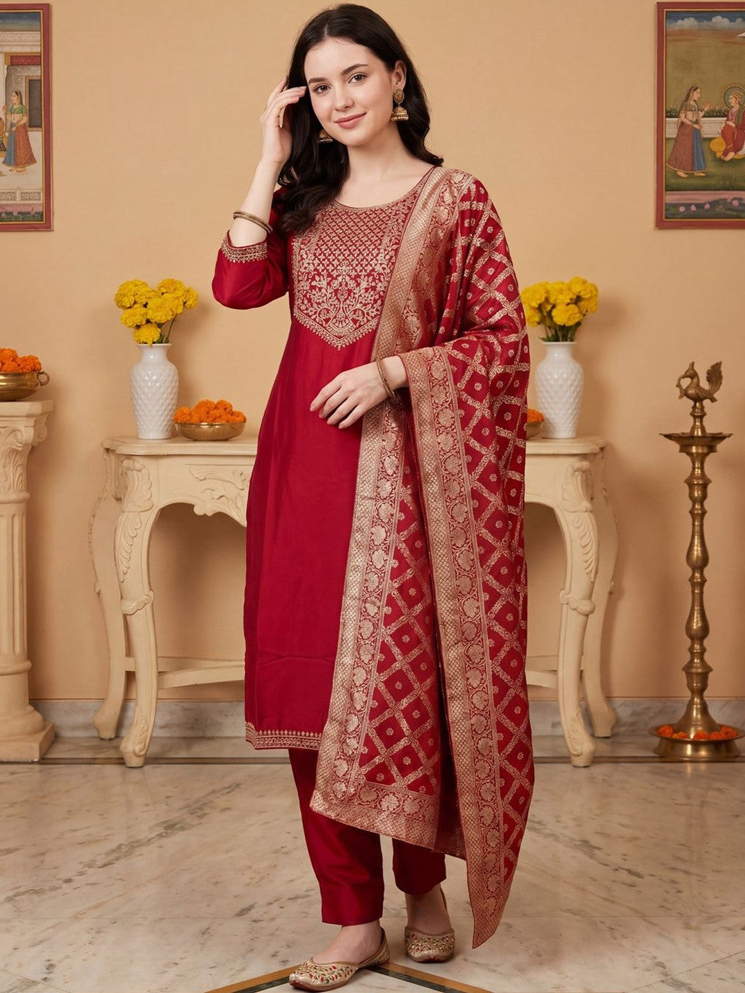 Women Ethnic Motifs Embroidered Regular Thread Work Kurta with Trousers & With Dupatta