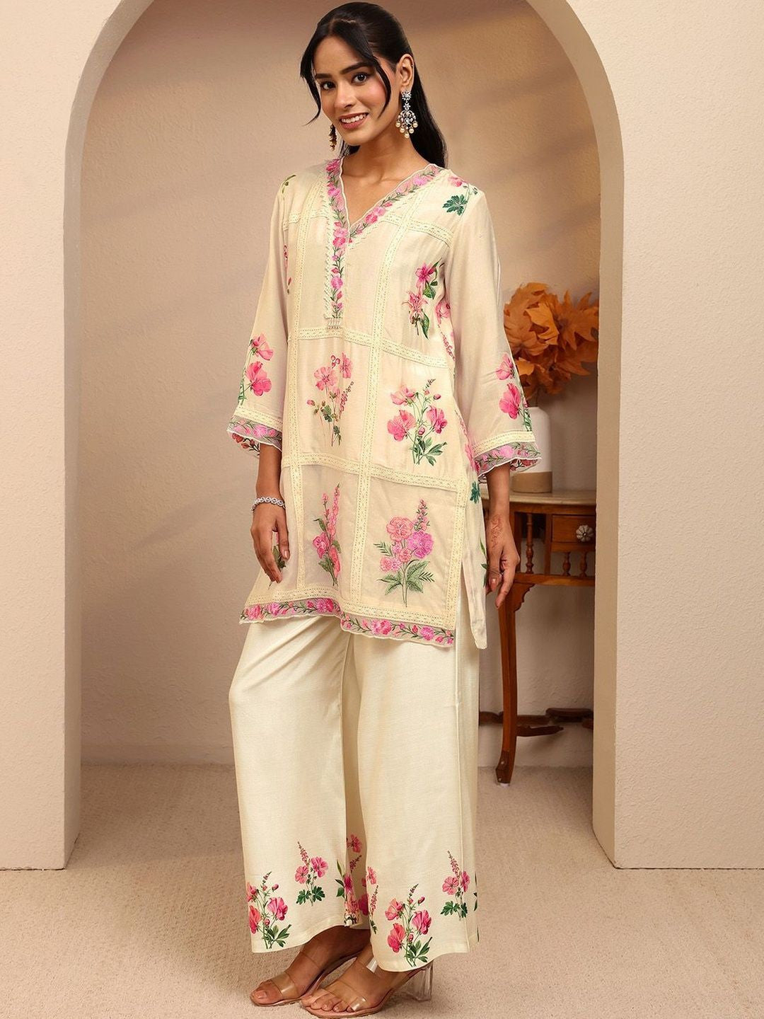 Off White Floral Printed Silk Blend A-line Kurta Set