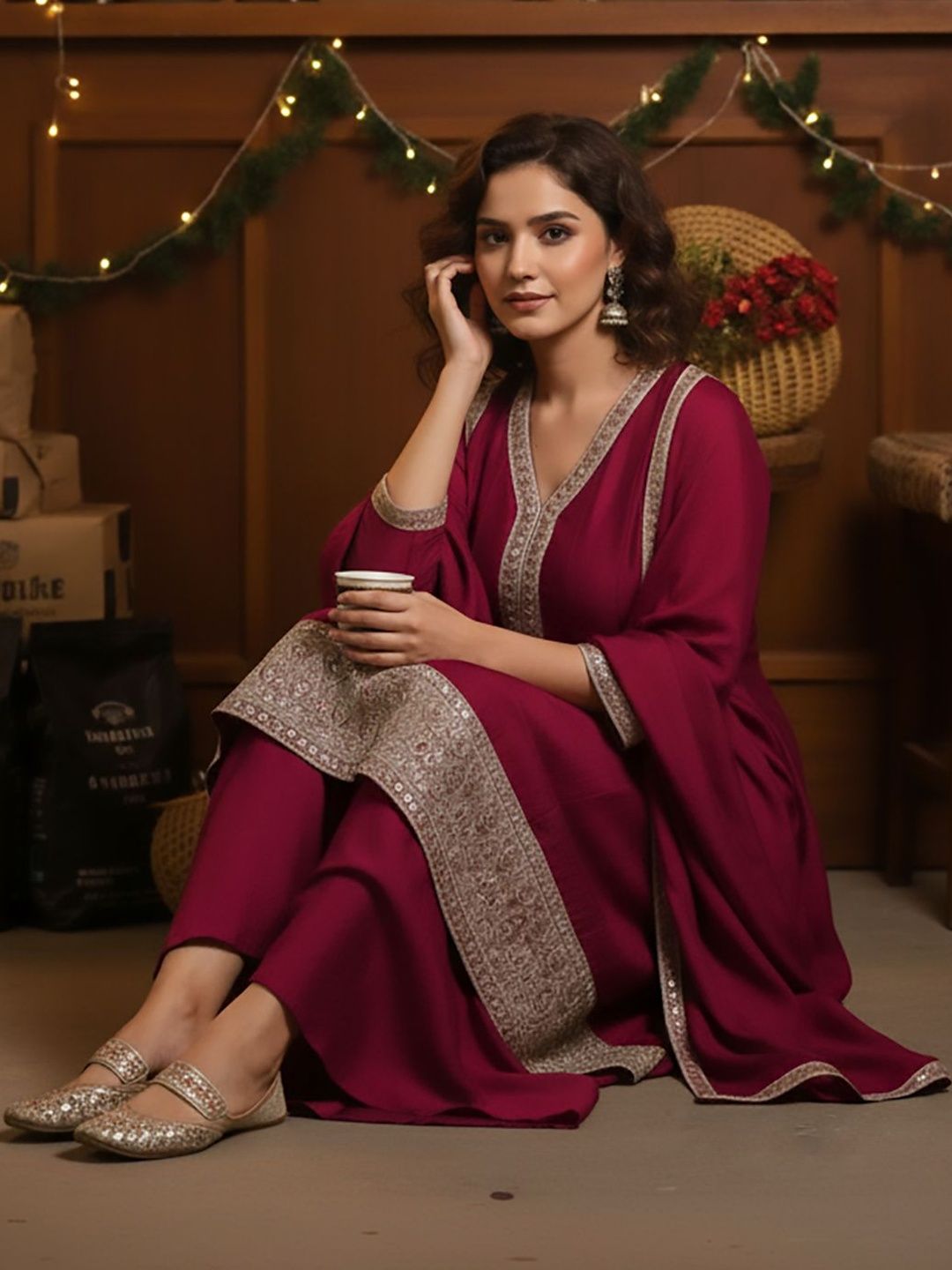Dhiyona HOP Embroidered V-Neck Kurta & Sharara With Dupatta