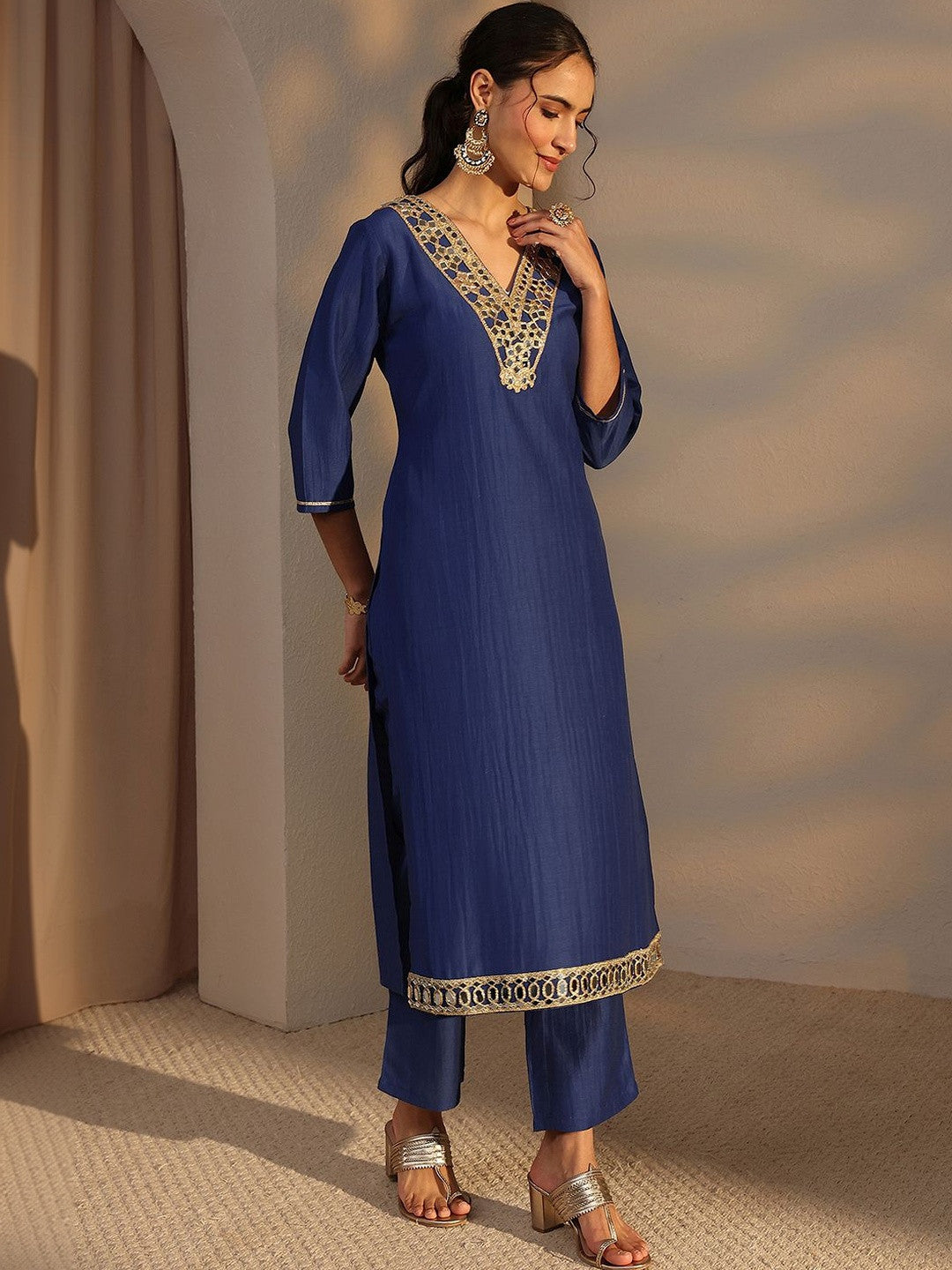 Blue Mirror Work Yoke Design Straight Kurta Set
