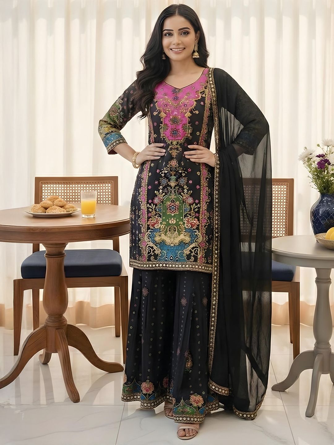 Dhiyona AN Women Ethnic Motifs Printed Panelled Gotta Patti Silk Crepe Kurta with Sharara & With Dupatta