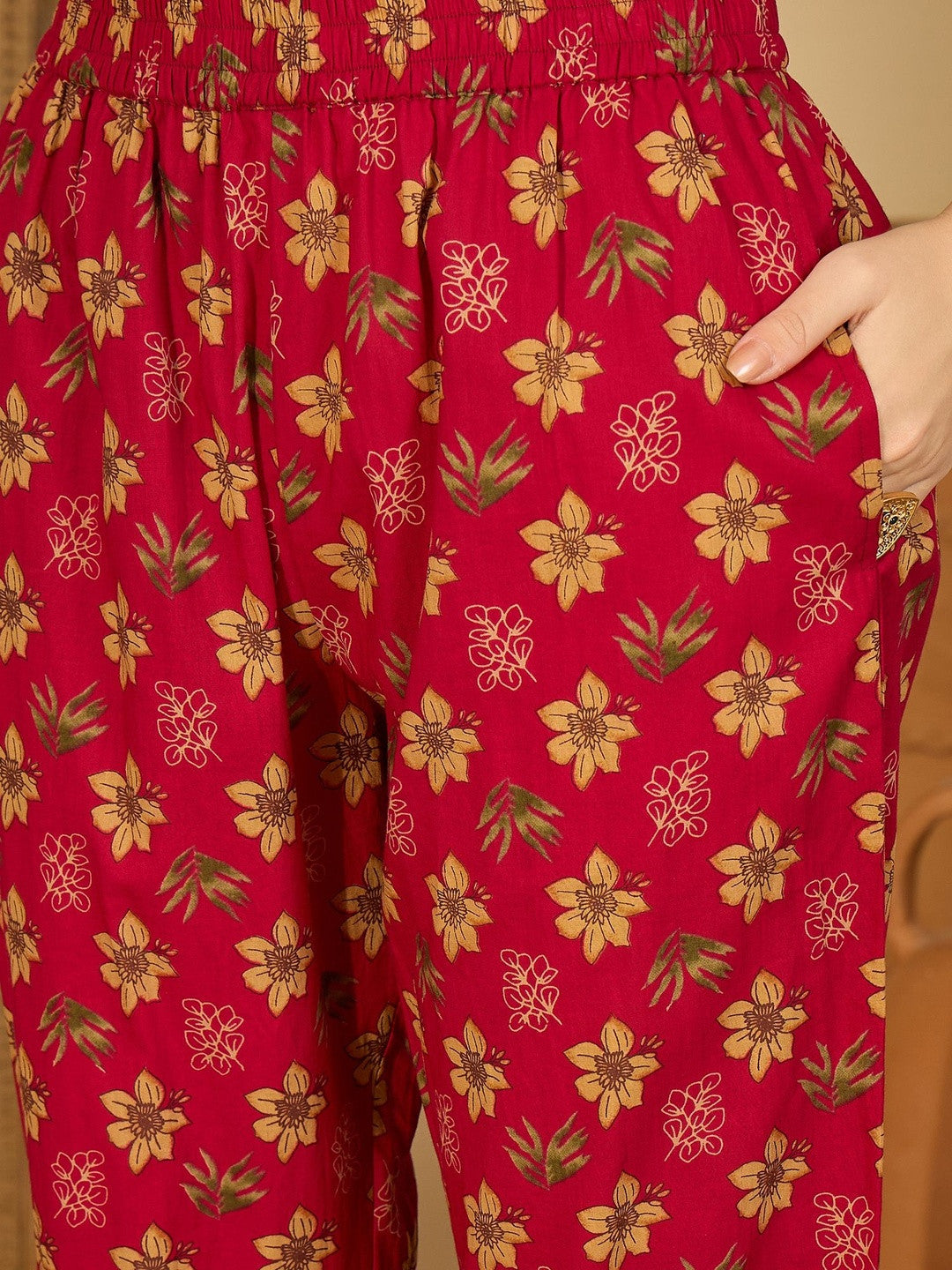 Women Printed Angrakha Thread Work Pure Cotton Kurta with Trousers & Dupatta