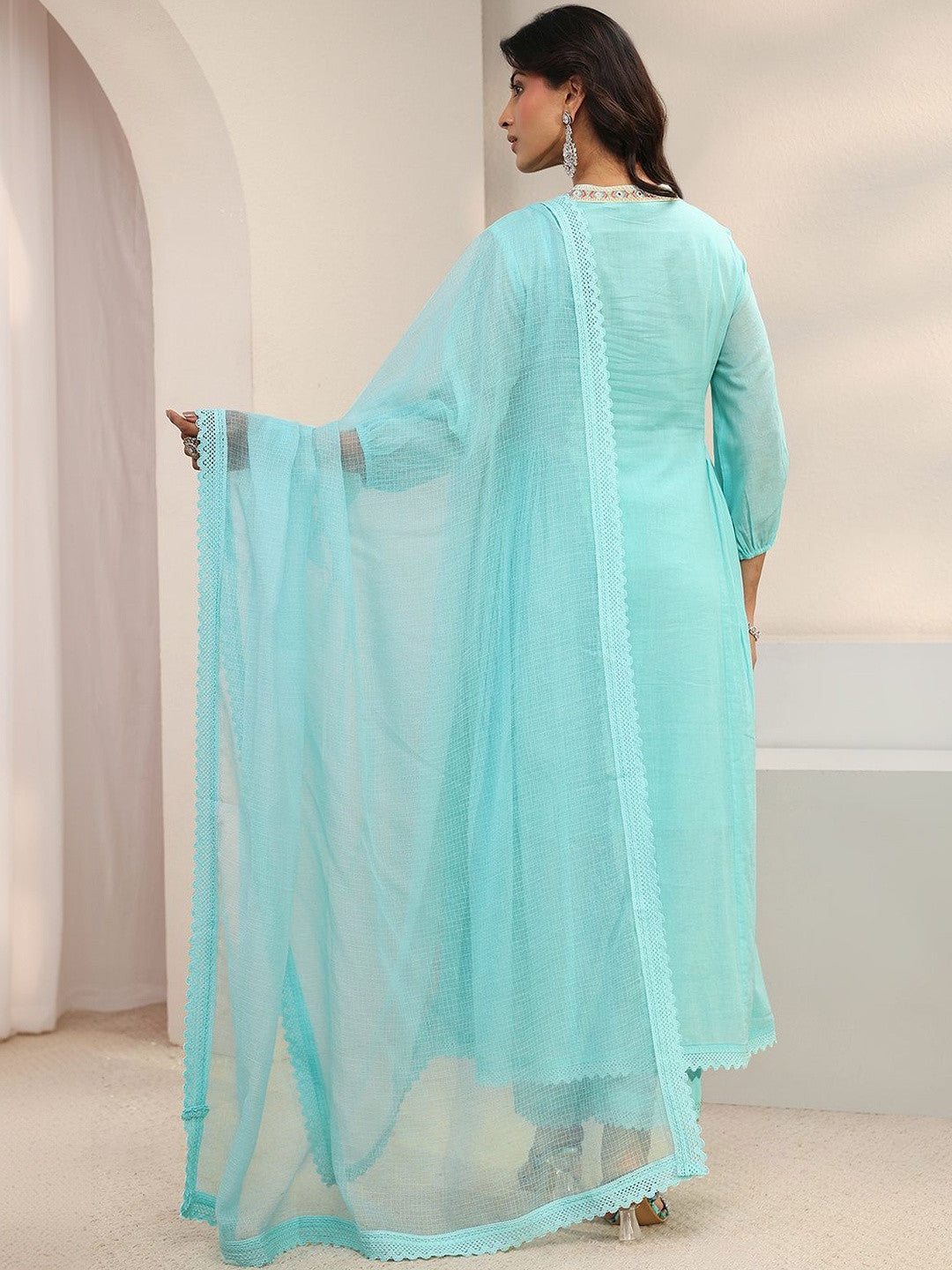 Women Ethnic Motifs Embroidered Panelled Thread Work Kurta with Trousers & With Dupatta