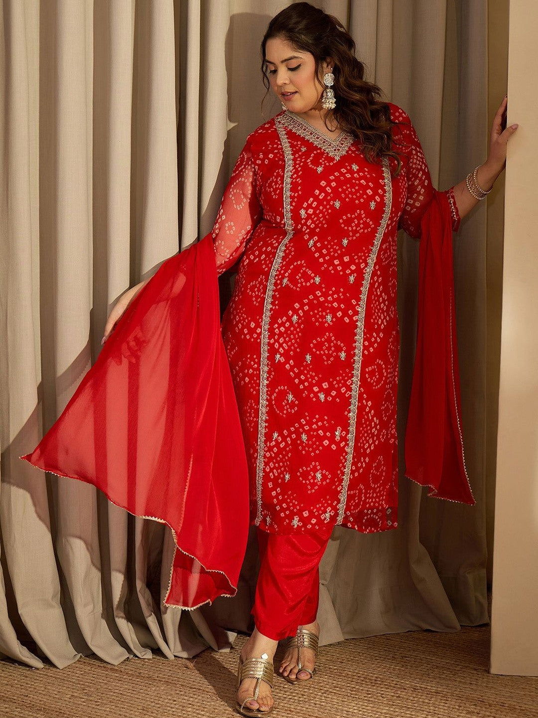 Plus Size Red Embroidered Straight Kurta Trousers With Dupatta Set