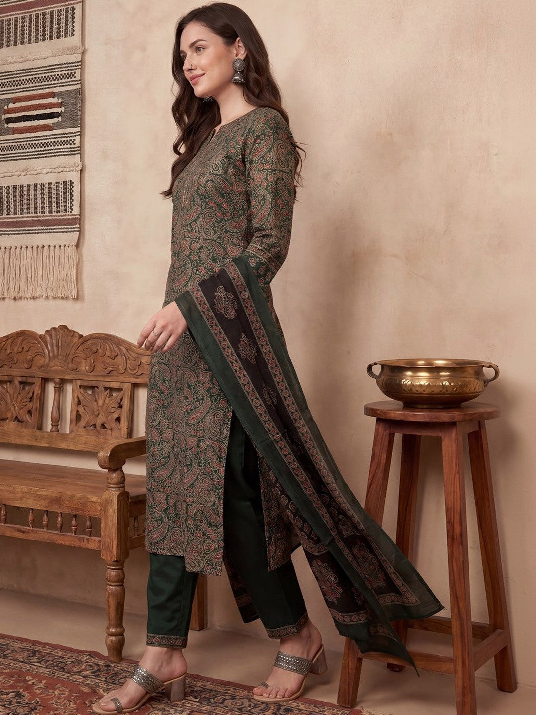 Women Ethnic Motifs Printed Regular Thread Work Pure Cotton Kurta with Trousers & With Dupatta