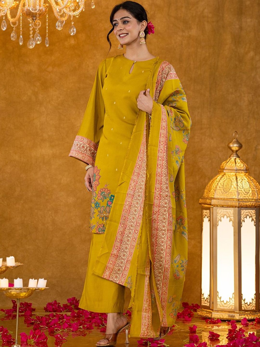 Dhiyona KL Women Ethnic Motifs Embroidered Regular Thread Work Kurta with Palazzos & With Dupatta