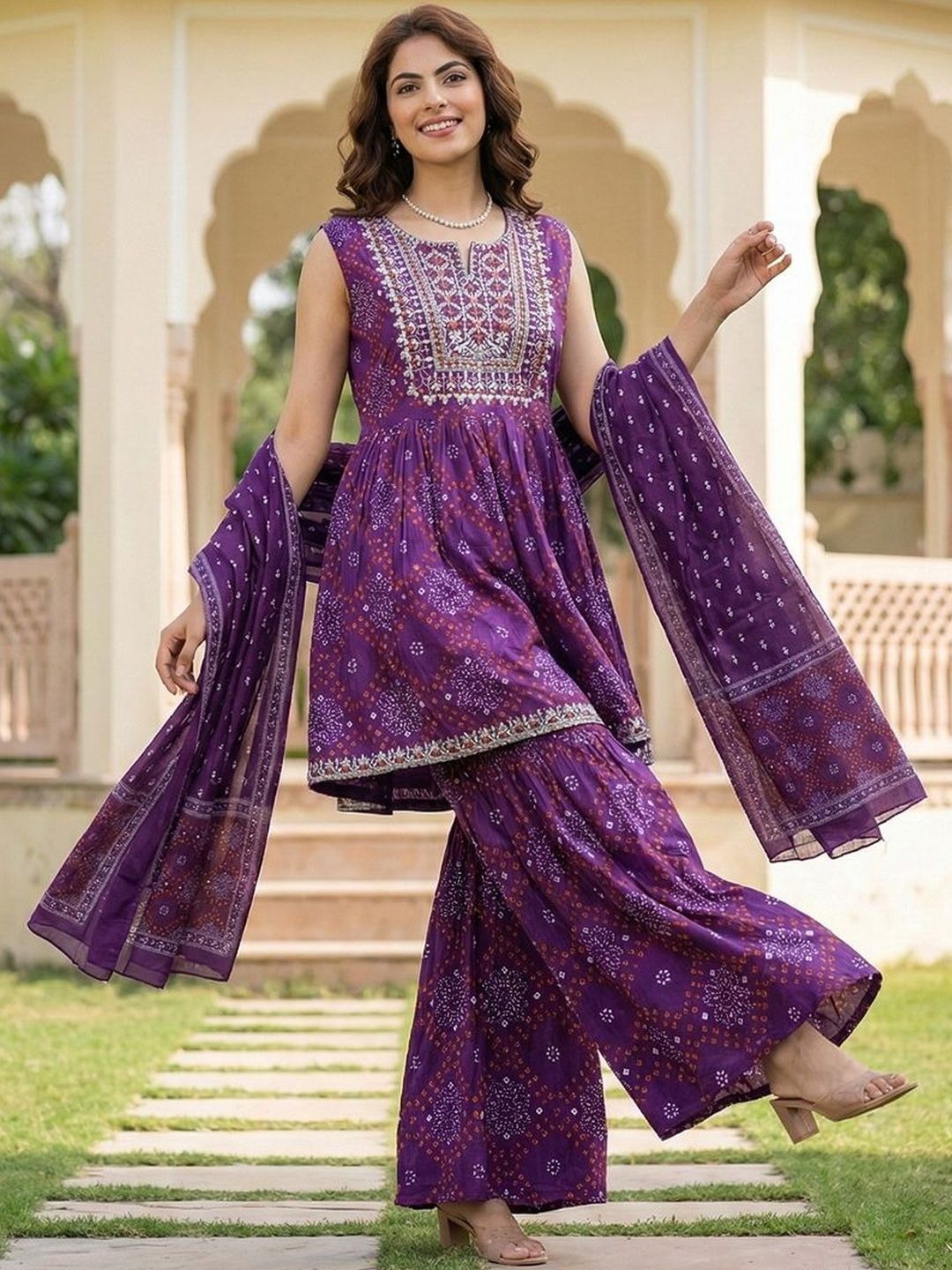 Dhiyona AN Women Ethnic Motifs Printed Empire Thread Work Pure Cotton Kurta with Sharara & With Dupatta