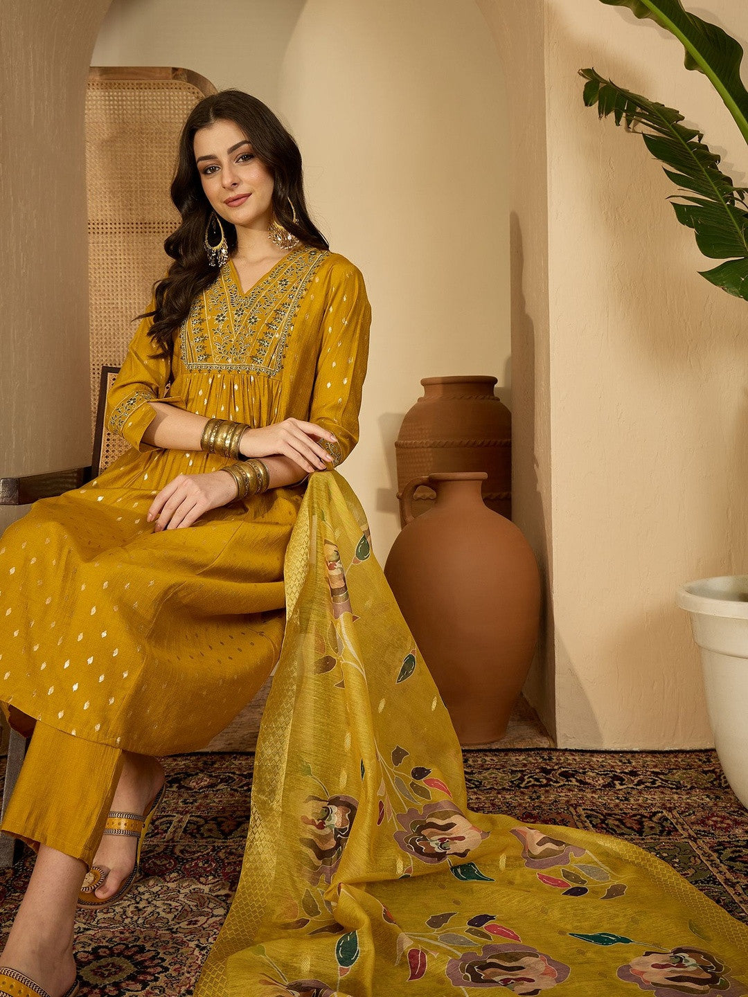 Women Ethnic Motifs Printed V-Neck Thread Work Kurta with Trousers & Dupatta