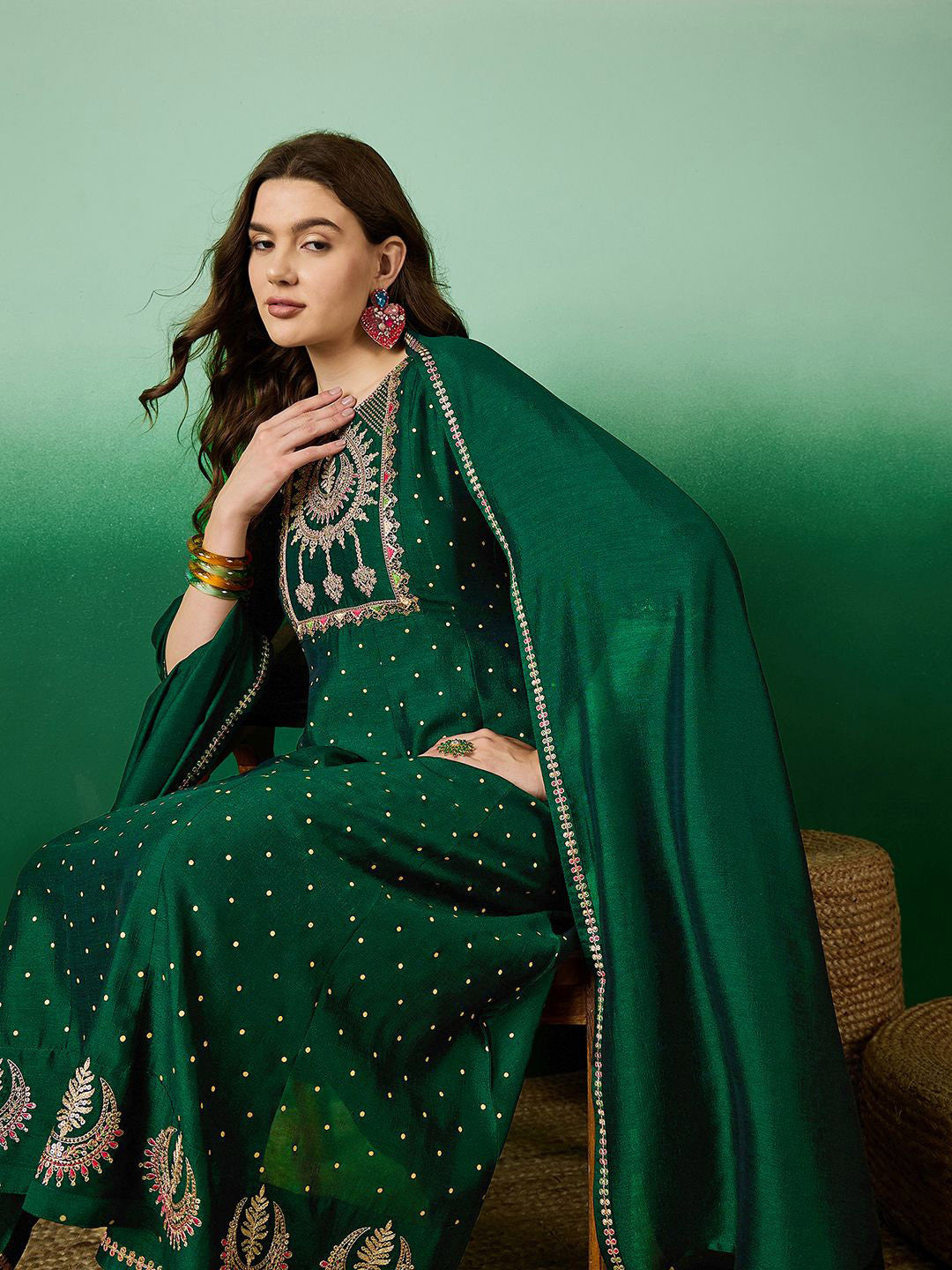 Green floral Embroidered A-Line Kurta & Trousers With Dupatta