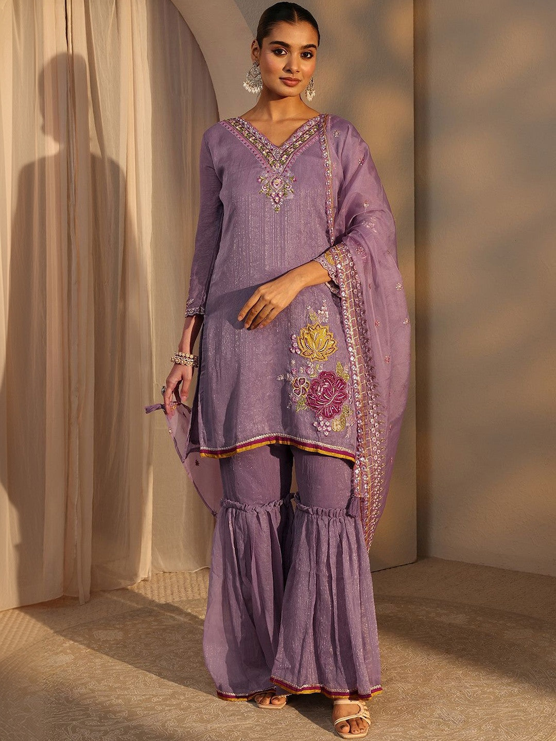 Women Embroidered Regular Silk Chiffon Kurta with Sharara & With Dupatta
