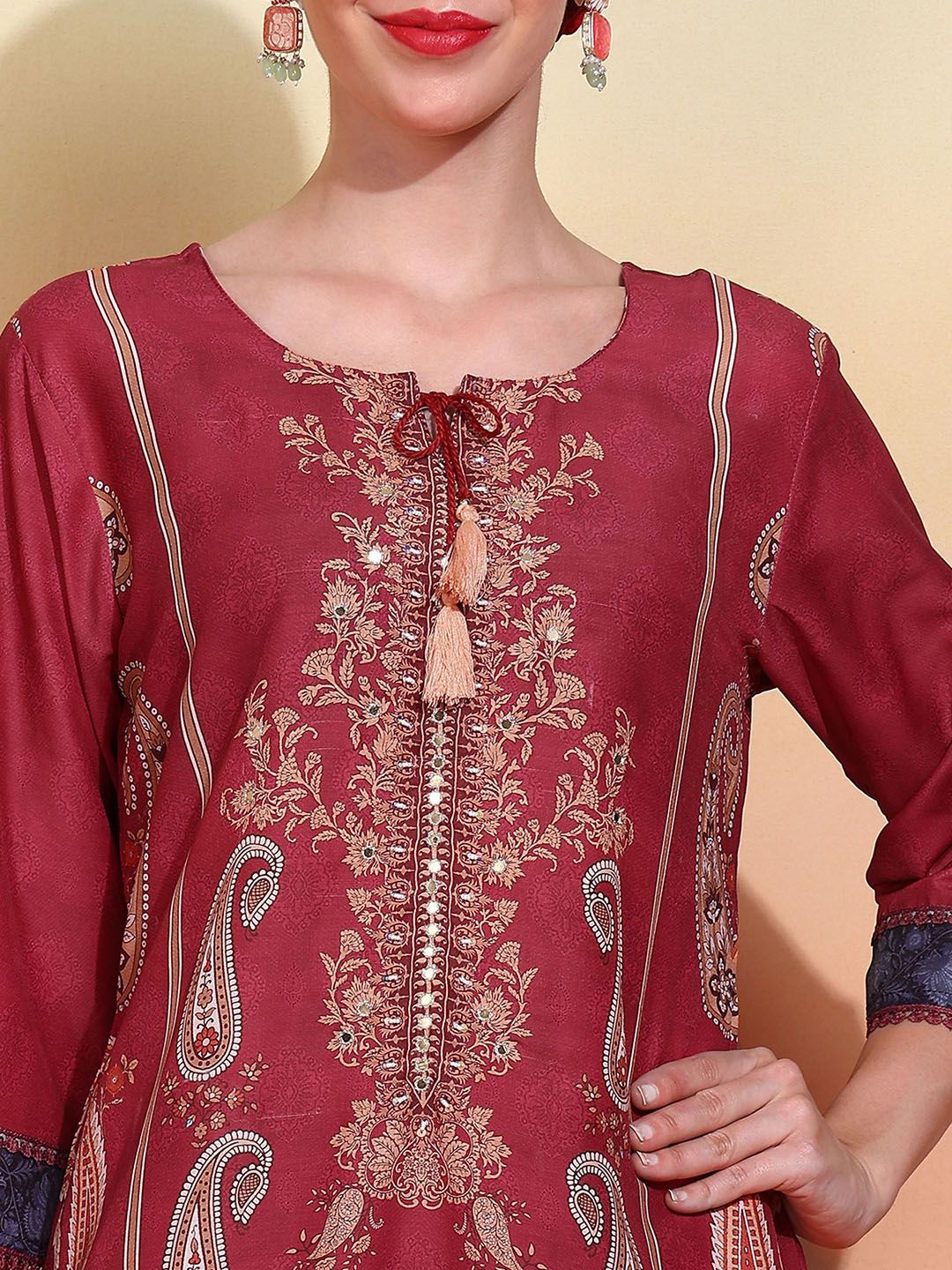 Dhiyona IS Women's Ethnic Motifs Printed Tie-Up Neck Straight Kurta With Trousers & Dupatta