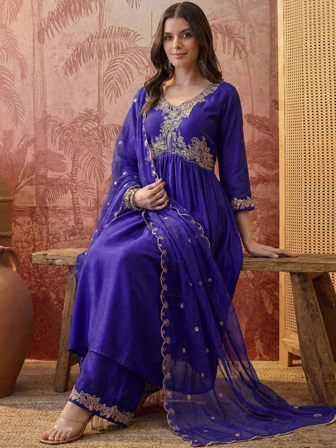 Dhiyona SN Embroidered Round Neck Kurta Palazzos & Dupatta