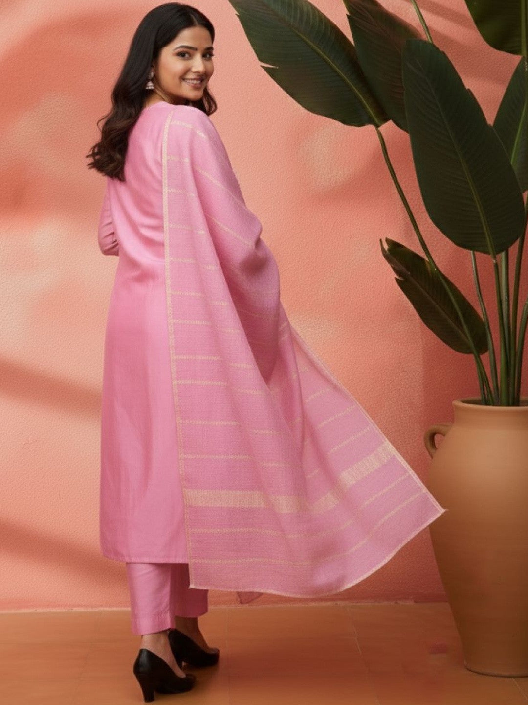 Embroidered Mandarin Collar Kurta & Trousers with Dupatta
