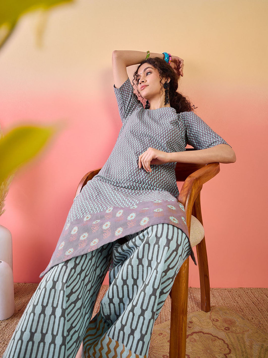 Paisley Printed Boat Neck Straight Kurta With Palazzo