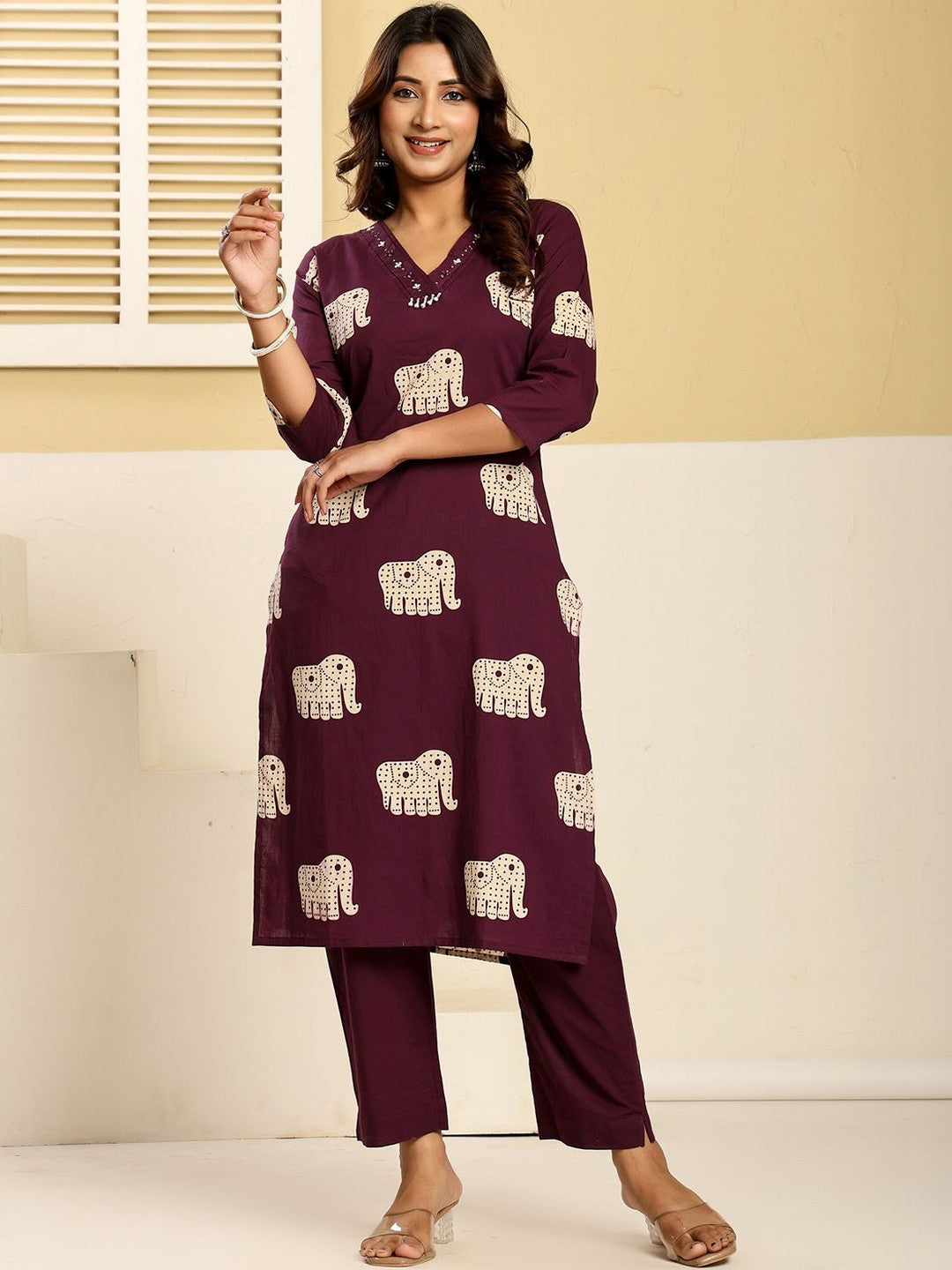 Women Ethnic Motifs Printed Regular Thread Work Pure Cotton Kurta with Trousers