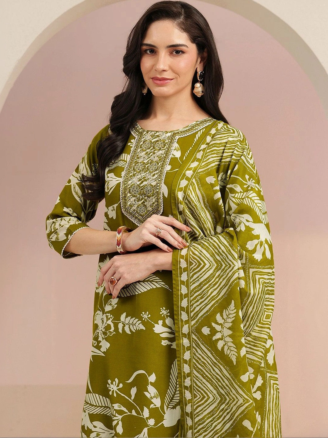 Olive Green Floral Printed Cotton Blend Straight Suit Set
