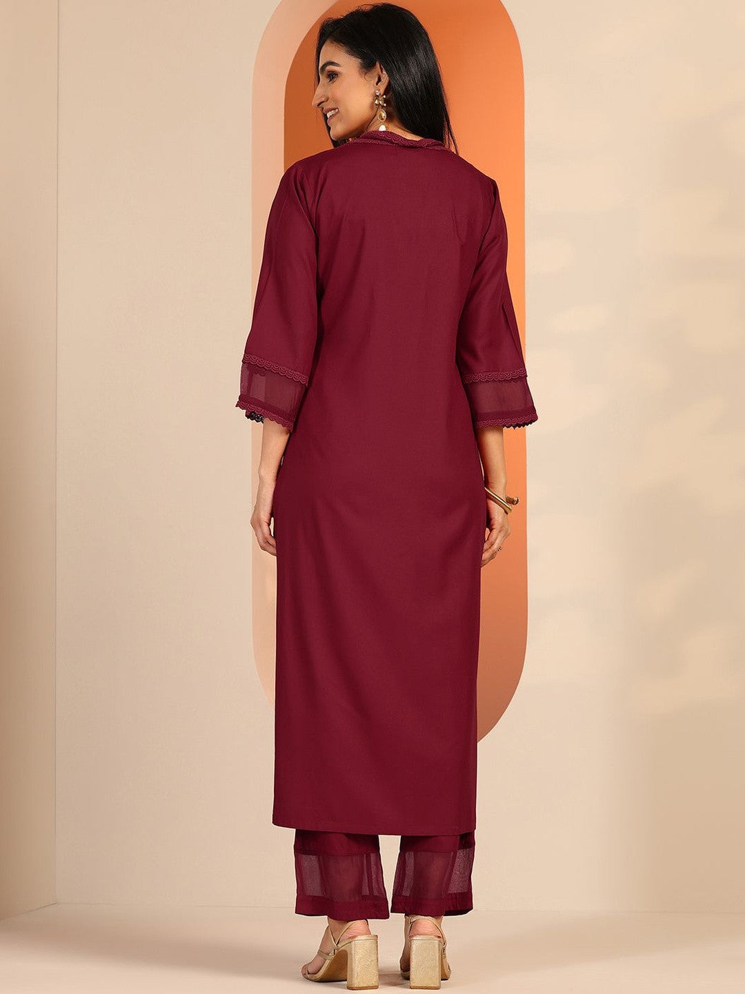 Floral Yoke Design V-Neck Three-Quarter Sleeves Kurta With Trousers