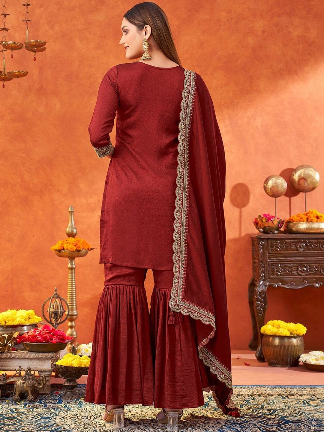 Dhiyona KL Women Ethnic Motifs Embroidered Regular Thread Work Kurta with Sharara & With Dupatta