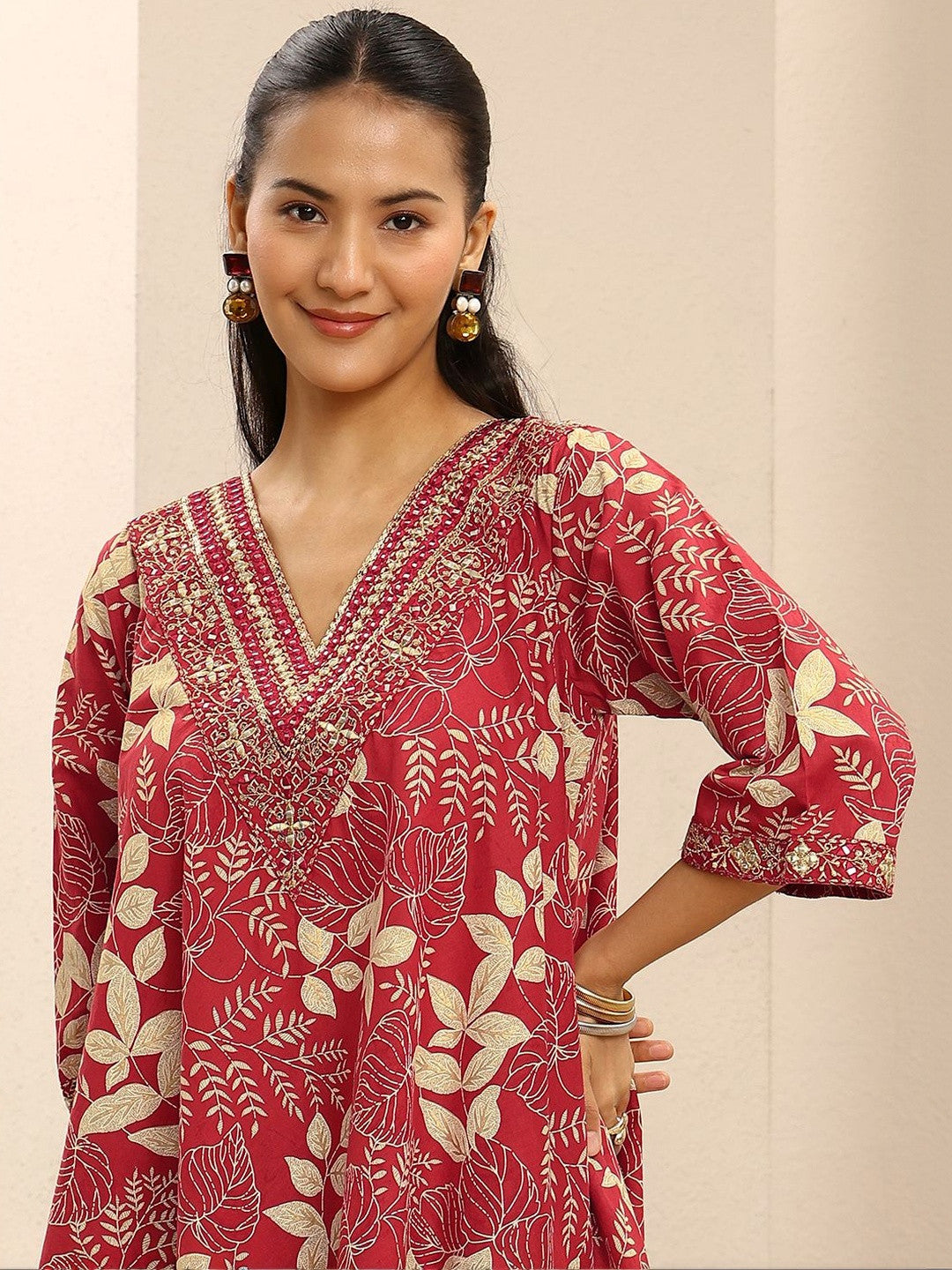 Red Floral Printed Cotton A-Line Suit Set with Dupatta