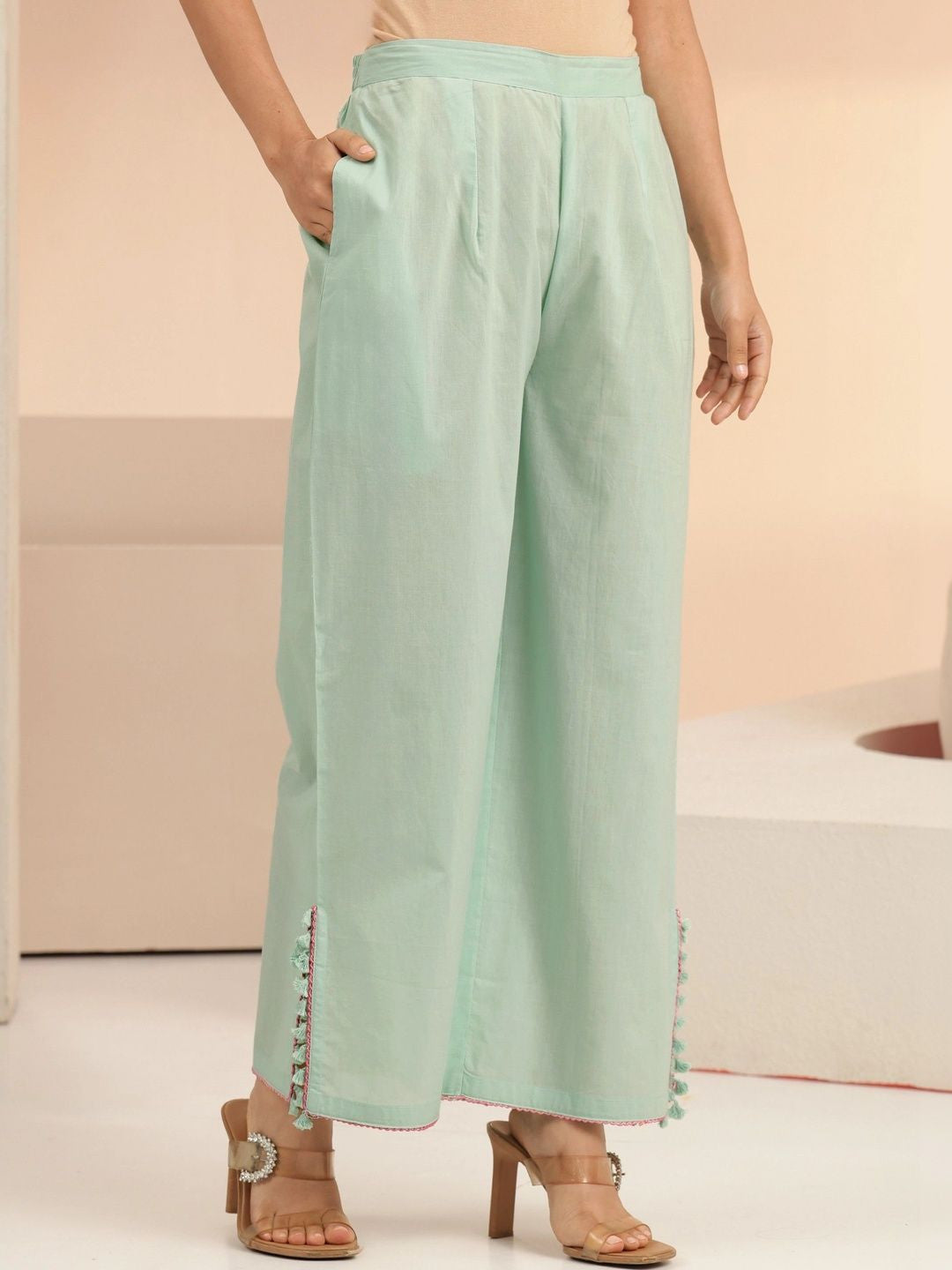 Mint Green Peacock Motif Cotton A-Line Kurta Set