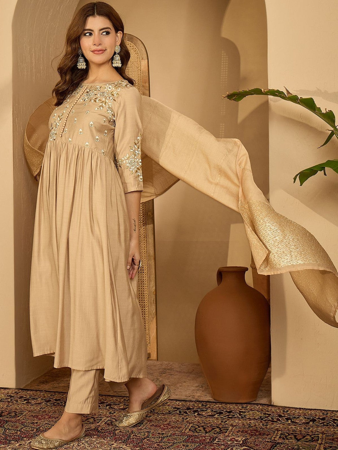 Women Beige Embroidered Kurta Sets With Dupatta