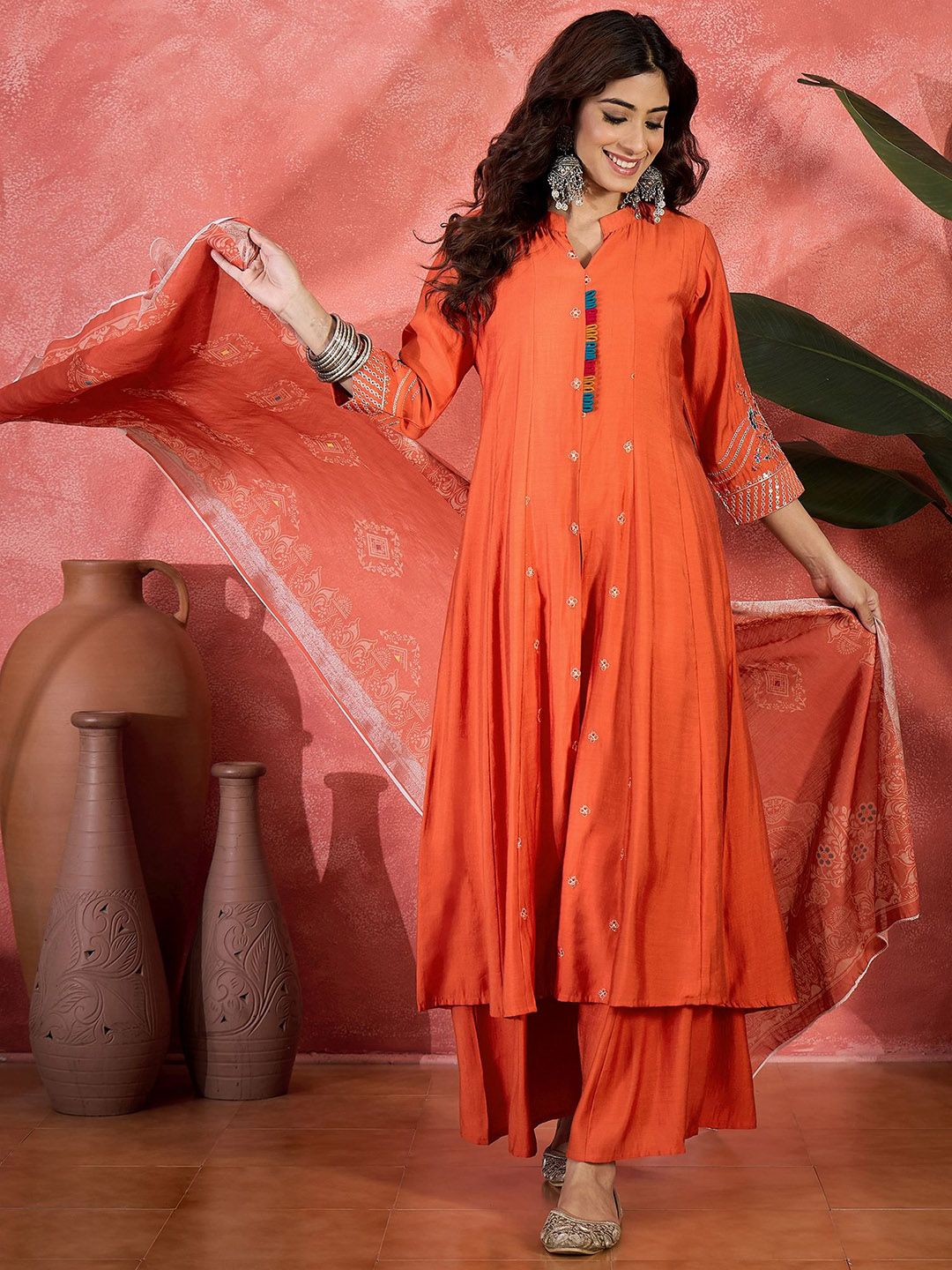 Dhiyona SN Embroidered Zari Work Anarkali Kurta & Palazzo With Dupatta