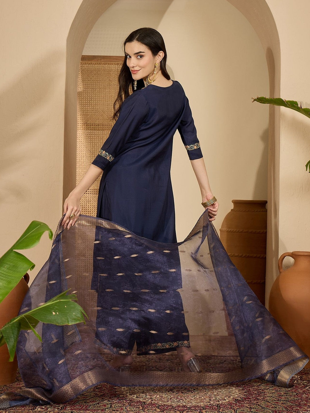Floral Embroidered Pleated Thread Work Straight Kurta With Palazzos & Dupatta