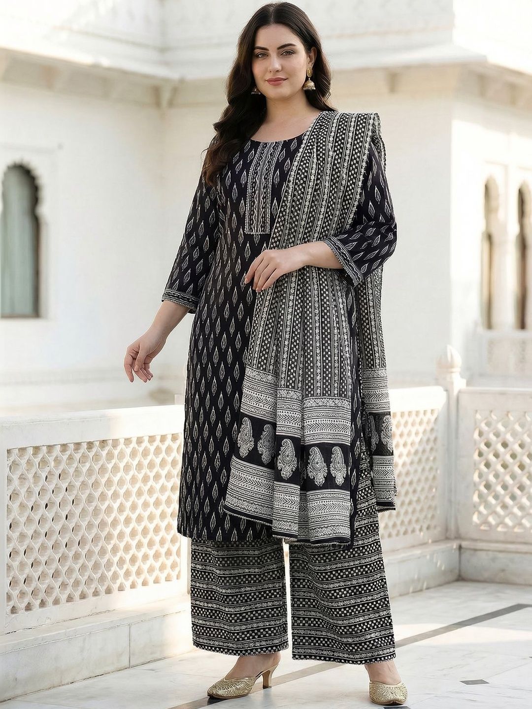 Dhiyona Women's Ethnic Motifs Printed Regular Pure Cotton Kurta with Palazzos & With Dupatta