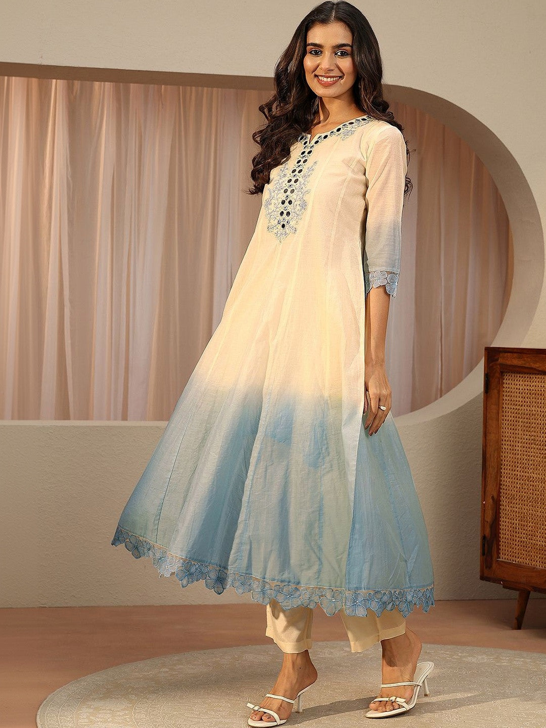 White Floral Embroidered Silk Blend A-line Suit Set