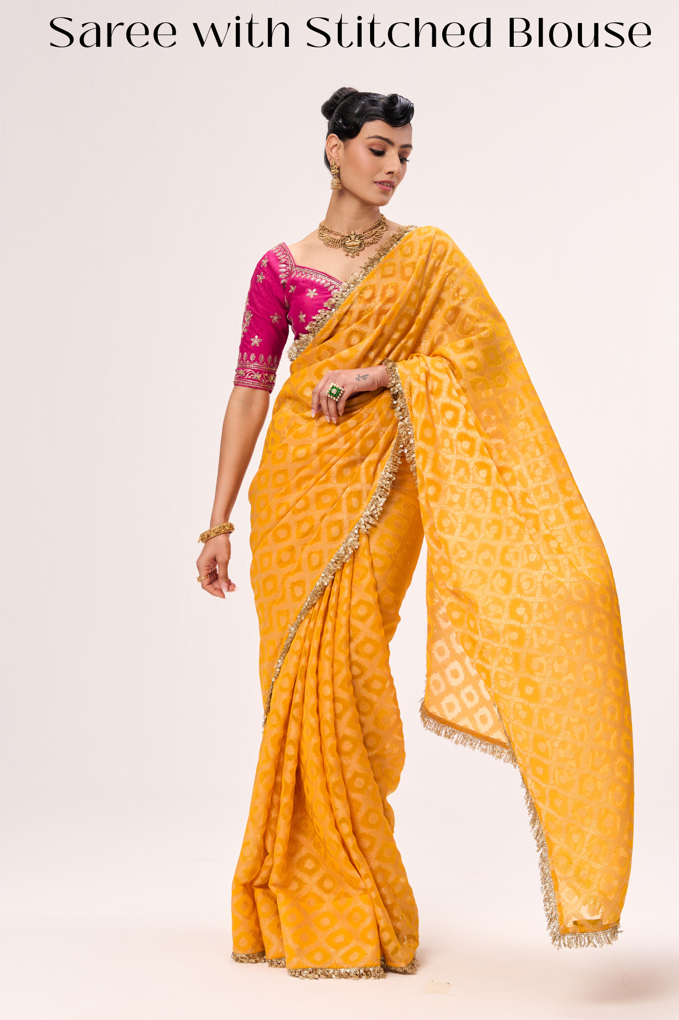 Dhiyona ST With Readymade Blouse - Woven Yellow Georgette Saree with Pink Embroidered Ready-to-Wear Blouse