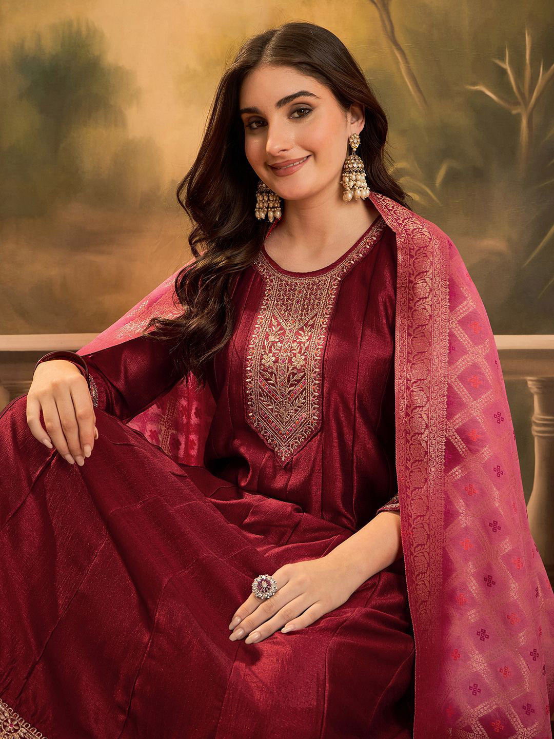 Zari & Sequin Embroidered A-Line Kurta & Trousers With Dupatta