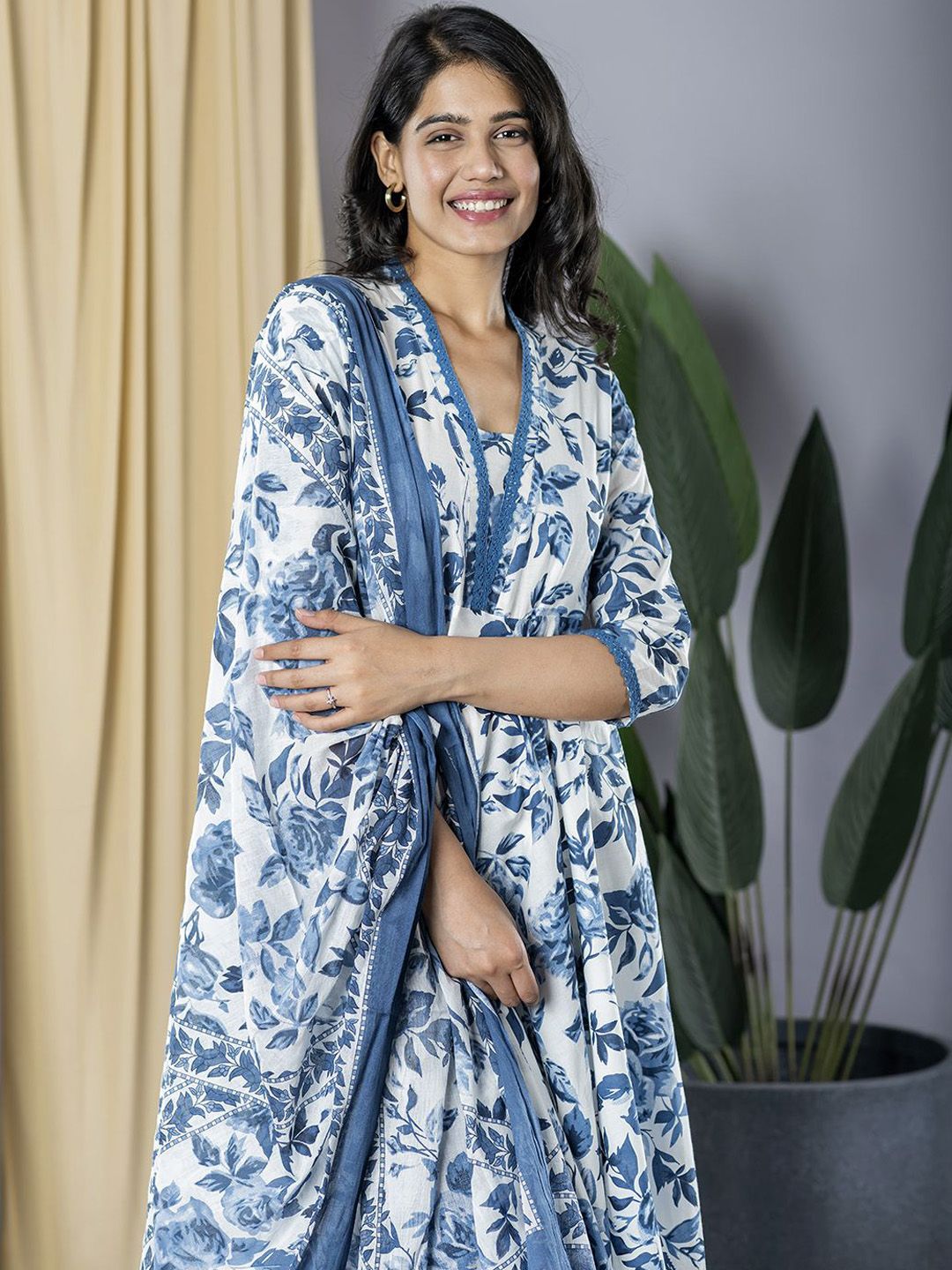 Dhiyona KL Floral Printed V-Neck Anarkali Pure Cotton Kurta With Trousers And Dupatta