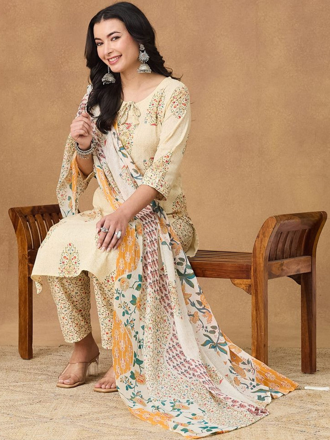 Beige Floral Cotton Printed Tie Neck Embroidery Kurta Trousers & Tasseled Dupatta