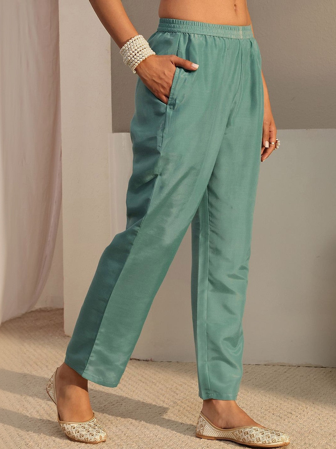 Blue Floral Embroidered Tissue Straight Suit Set