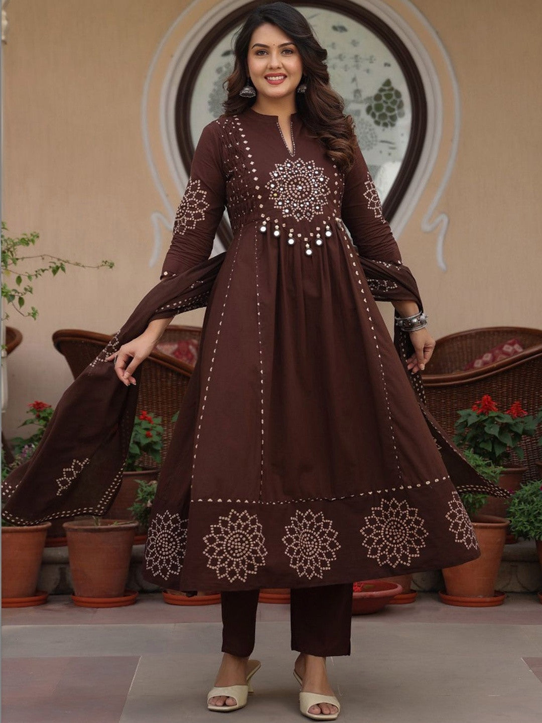 Women Ethnic Motifs Printed Panelled Mirror Work Pure Cotton Kurta with Trousers & With Dupatta