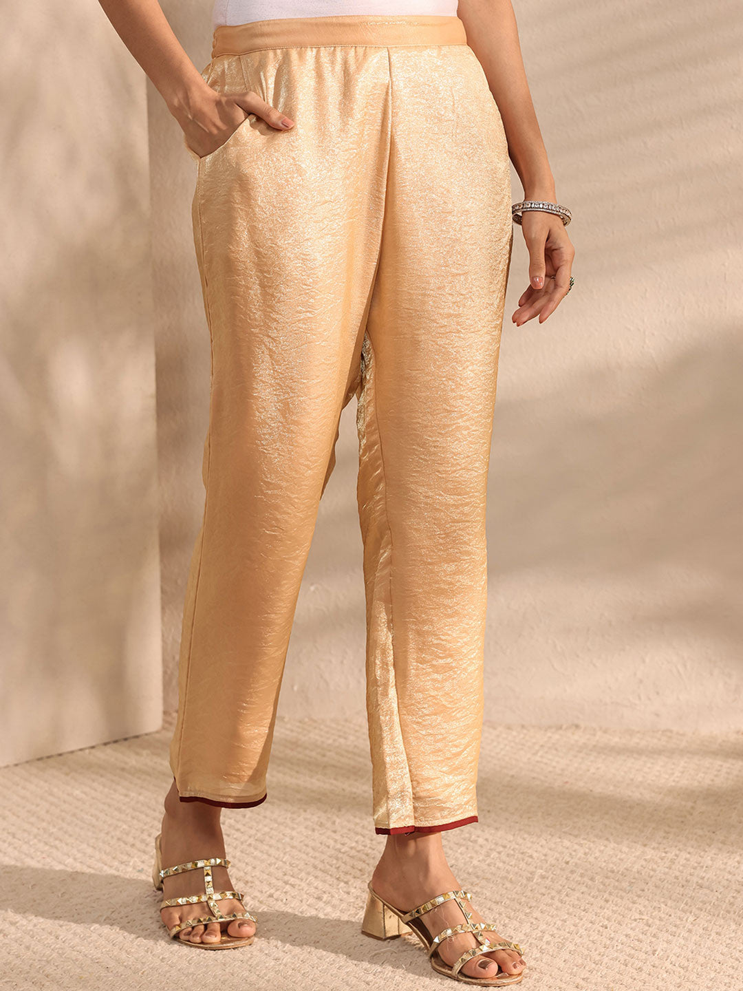 Beige Solid Silk Blend A-Line Kurta Set