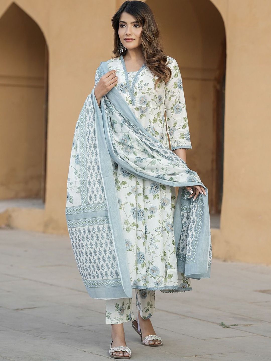 Dhiyona KL Floral Printed V-Neck Anarkali Pure Cotton Kurta With Trousers & Dupatta