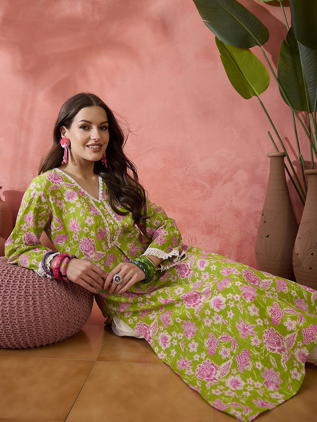 Floral Printed Cotton V-Neck Straight Kurta With Trouser