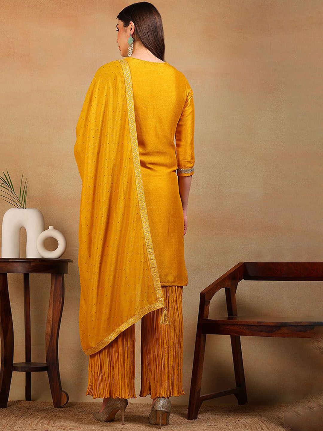 Dhiyona KL Floral Embroidered Zari Straight Kurta With Palazzos & Dupatta