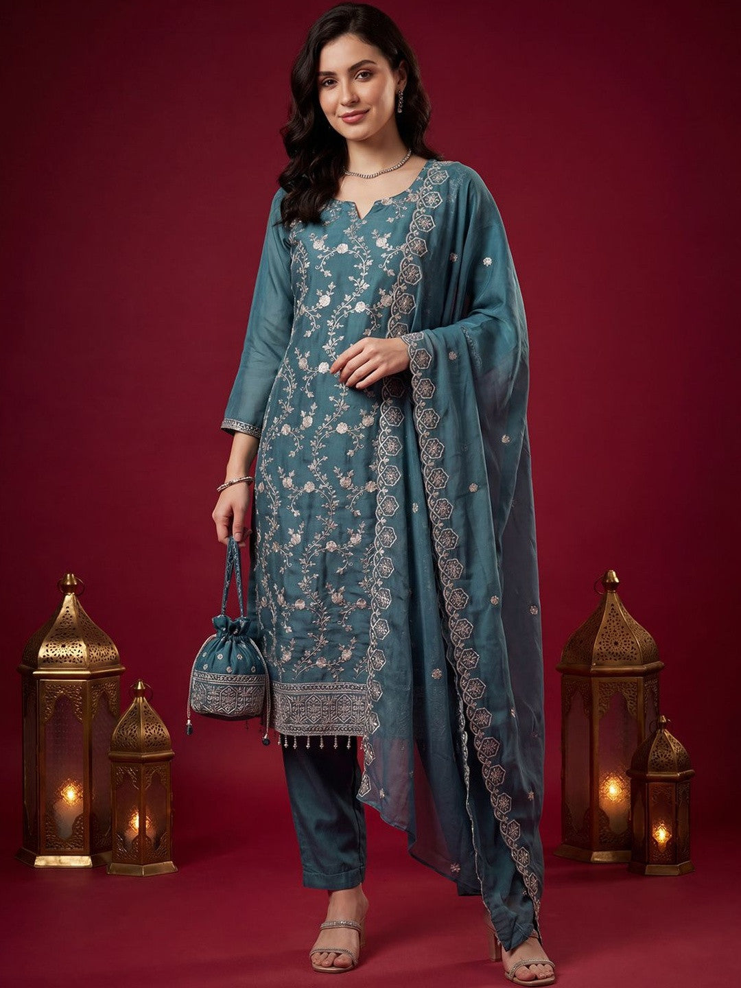 Ethnic Motifs Embroidered Thread Work Kurta with Trousers & With Dupatta